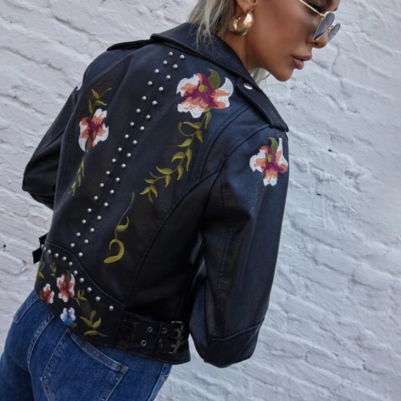 Embroidered Floral Vegan Leather Boho Moto Jacket - Picture 2 of 5